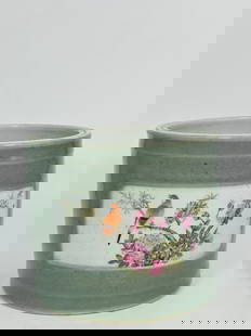 A Chinese Famille Rose 'Medallion' 'Birds and Flowers' Brush Pot, Republic Period: 7 in. high, 8.4 in. diam.