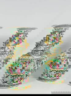 A Pair of Chinese Famille Rose Gilt-Decorated 'Medallion' 'Figural' Vases, 19th Century: 12.75 in. high, 7.25 in. wide each.