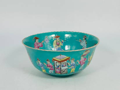 A Chinese Famille Rose Turquoise-Ground 'Figural' Bowl: 3.5/8 in. high, 8 in. diam.