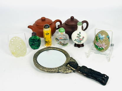 A Group of Nine Chinese Tableware: Comprising two Yixing pottery teapots and covers, both have maker's mark 'Xiang Tao Fang Zhi' to the bottoms, the larger one measures 3 in. high, 5.1/2 in. wide, the smaller one measures 3.1/4 in. hig