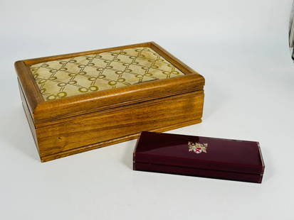 Two Jewelry Boxes and A Group of Accessories: Comprising a London Leather two-tiered jewelry box, made in Japan, 4 in. high, 11.1/2 in. wide, 8 in. deep; a Lord Elgin plastic watch box, 1.1/8 in. high, 7.1/2 in. wide, 2.1/2 in. deep; and a group