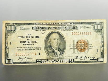 A 1929 Series One-Hundred Dollars Federal Reserve Bank Note: The 1929 series $100 federal reserve bank notes were issued during the Great Depression as an emergency measures to add cash to the banking system. They are recognizable by their brown seals and seria
