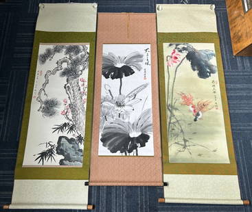A Group of Three Chinese Paintings: Comprising a painting of Lotus Pond and Fish, color on paper, signature Pei Ling with a seal, 41.1/2 in. x 18 in. for the painting, 69.1/2 in. x 22 in. overall; a painting of Lotus and Dragonfly, ink