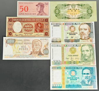 A Group of Seven Banknotes, China, Indonesia, Chile, Peru, and Argentina: Comprising a Chinese three-yuan banknote from 1953, 6.1/4 in. x 2.7/8 in.; a fifty-cents banknote from Indonesia, issued in 1964, 4.3/8 in. x 2.1/4 in.; a ten-Chilean peso banknote from 1944, 5.3/4 in