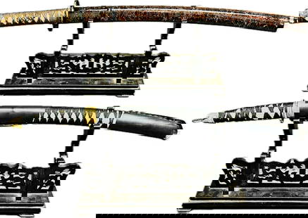 Two Japanese Decorative Samurai Swords, Wakizashi: The longer one measures 18 in. long for blade, 27.1/4 in. long overall; the shorter one mesures 15 in. long for blade, 22 in. long overall.