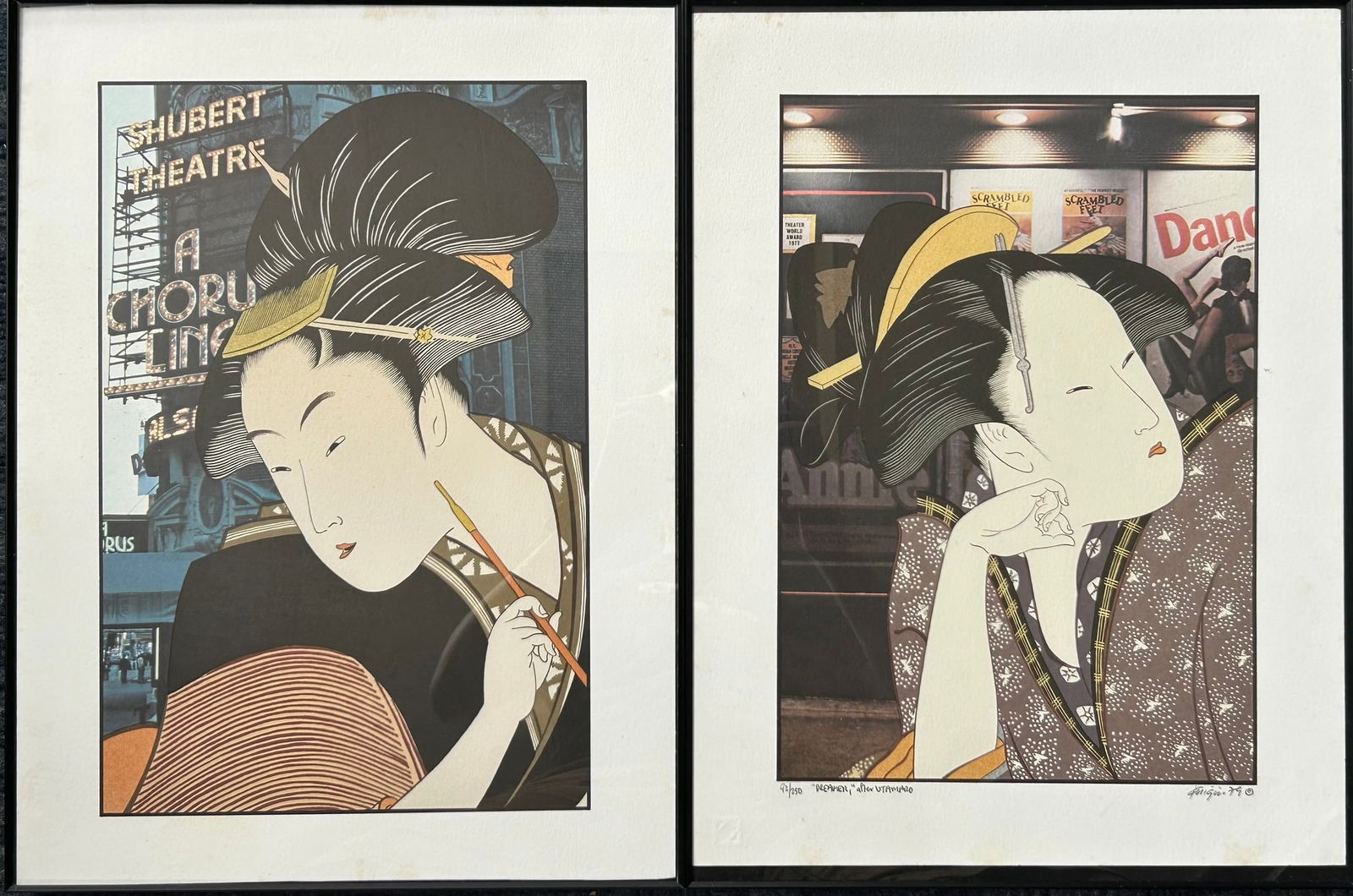 Two Japanese Reproduction Prints after Kitagawa Utamaro: Comprising a reproduction print 'profound love', with no signature; and a limited edition reproduction print 'dreamer', with a signature Michael Knigin, an edition number 92/250 and the title to the b