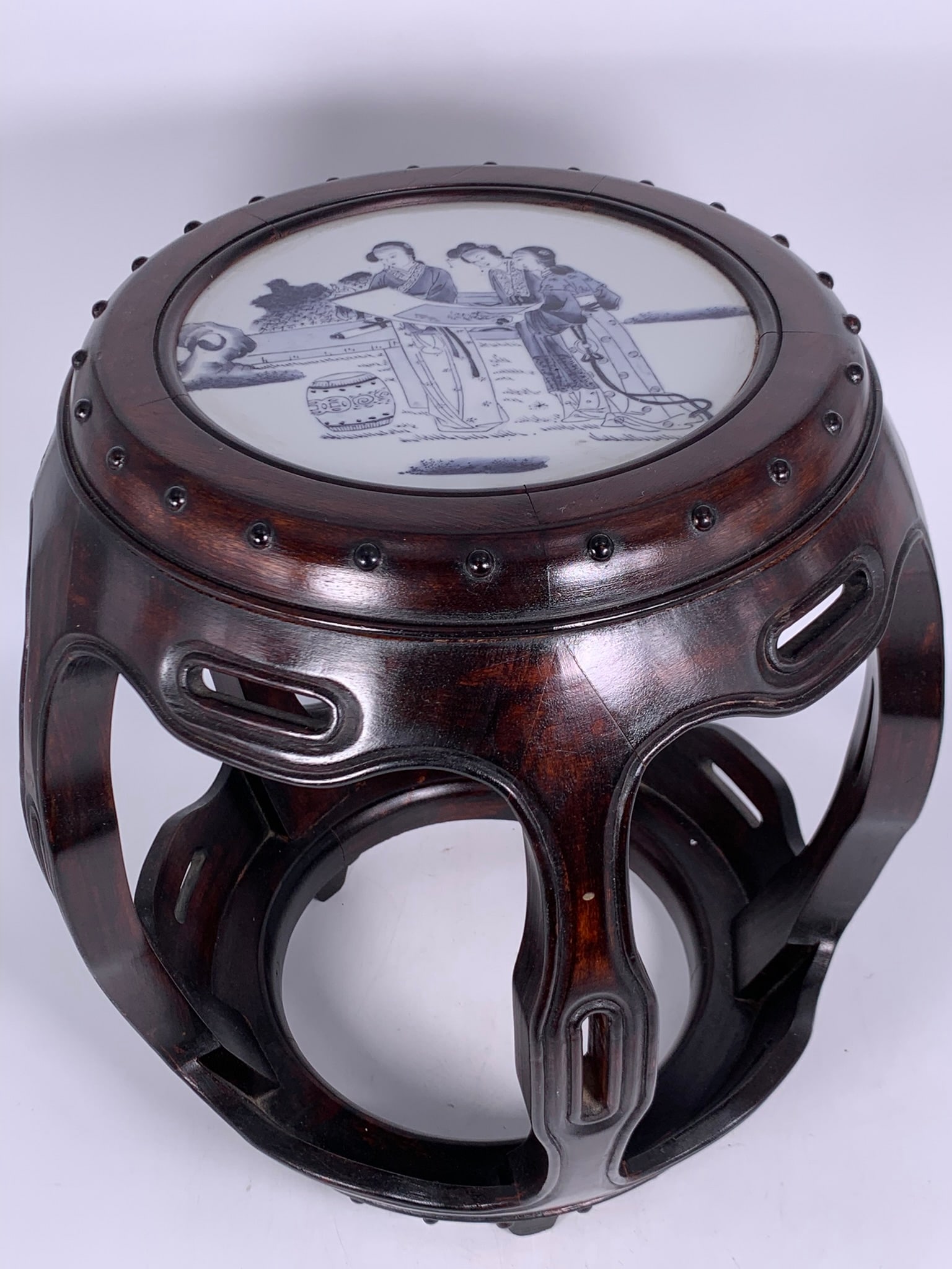 A Chinese Painted Porcelain Plaque-Inset Wood Stool (1 of 8)