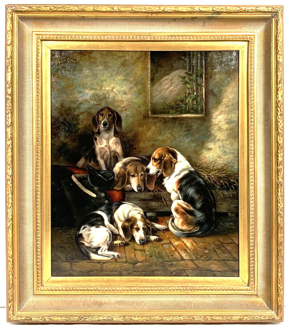 A Painting of Beagles, after John Emms, Signature R. Johnson: After the work originally created by John Emms. 28 in. x 32 in.