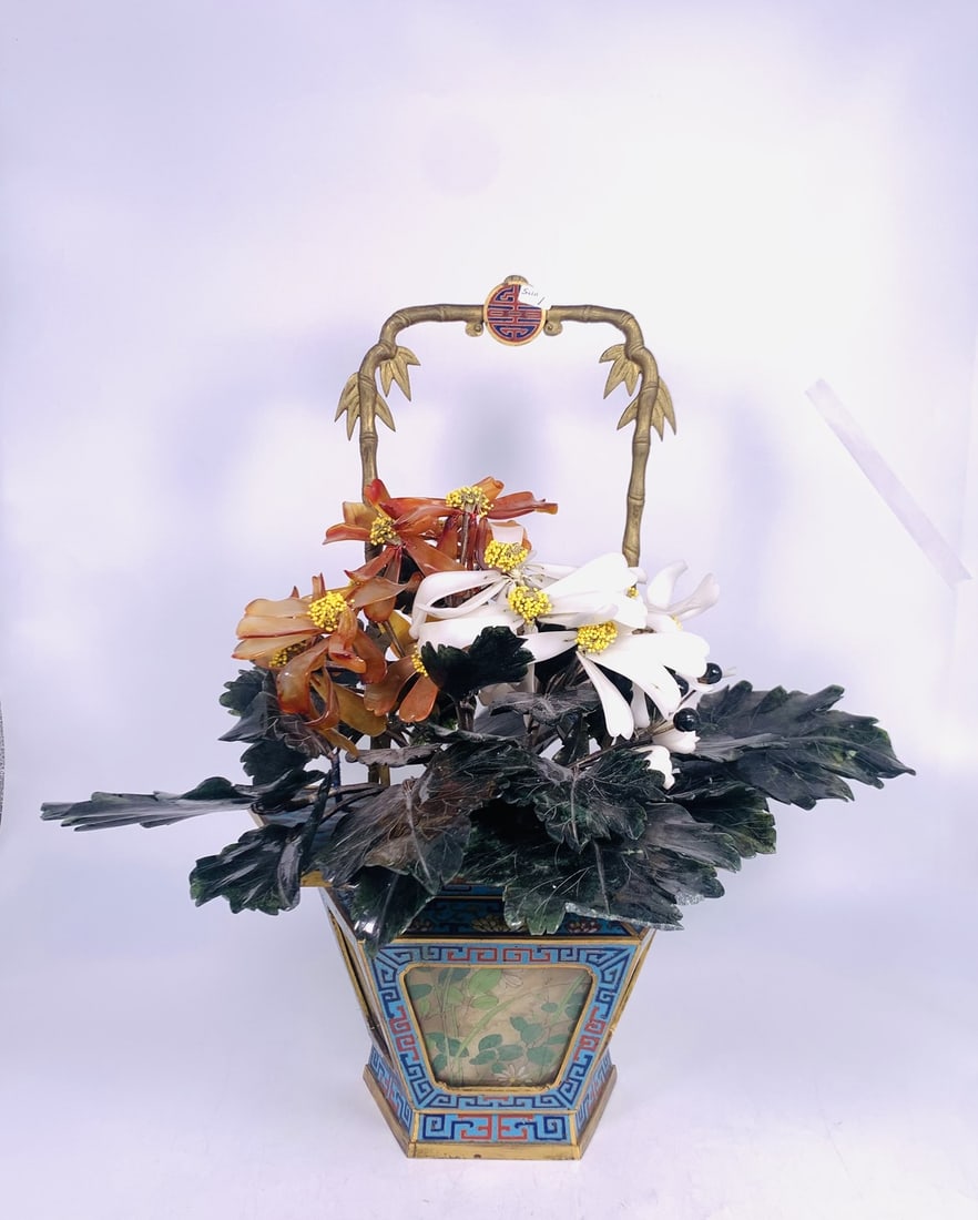A Chinese Hardstone Mounted Cloisonne Enamel and Gilt Bronze Bonsai: 19 in. high, 17 in. wide.