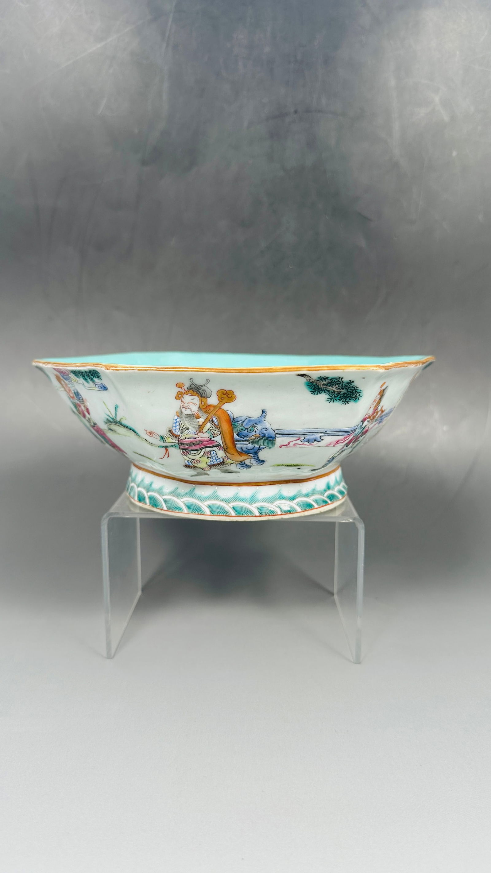 A Chinese Famille Rose Gilt-Decorated Turquoise-Glazed 'Warriors' Hexagonal Bowl (1 of 12)