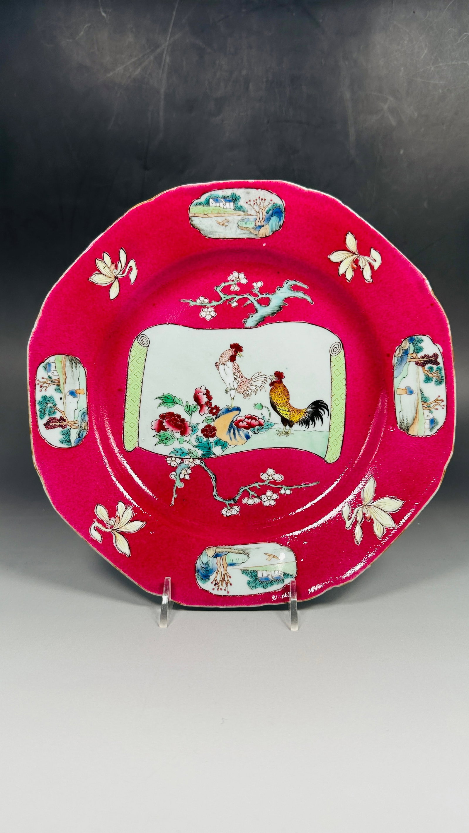 A Chinese Export Famille Rose Ruby-Ground 'Roosters and Flower' Lobed Dish: 9.1/4 in. diam.
