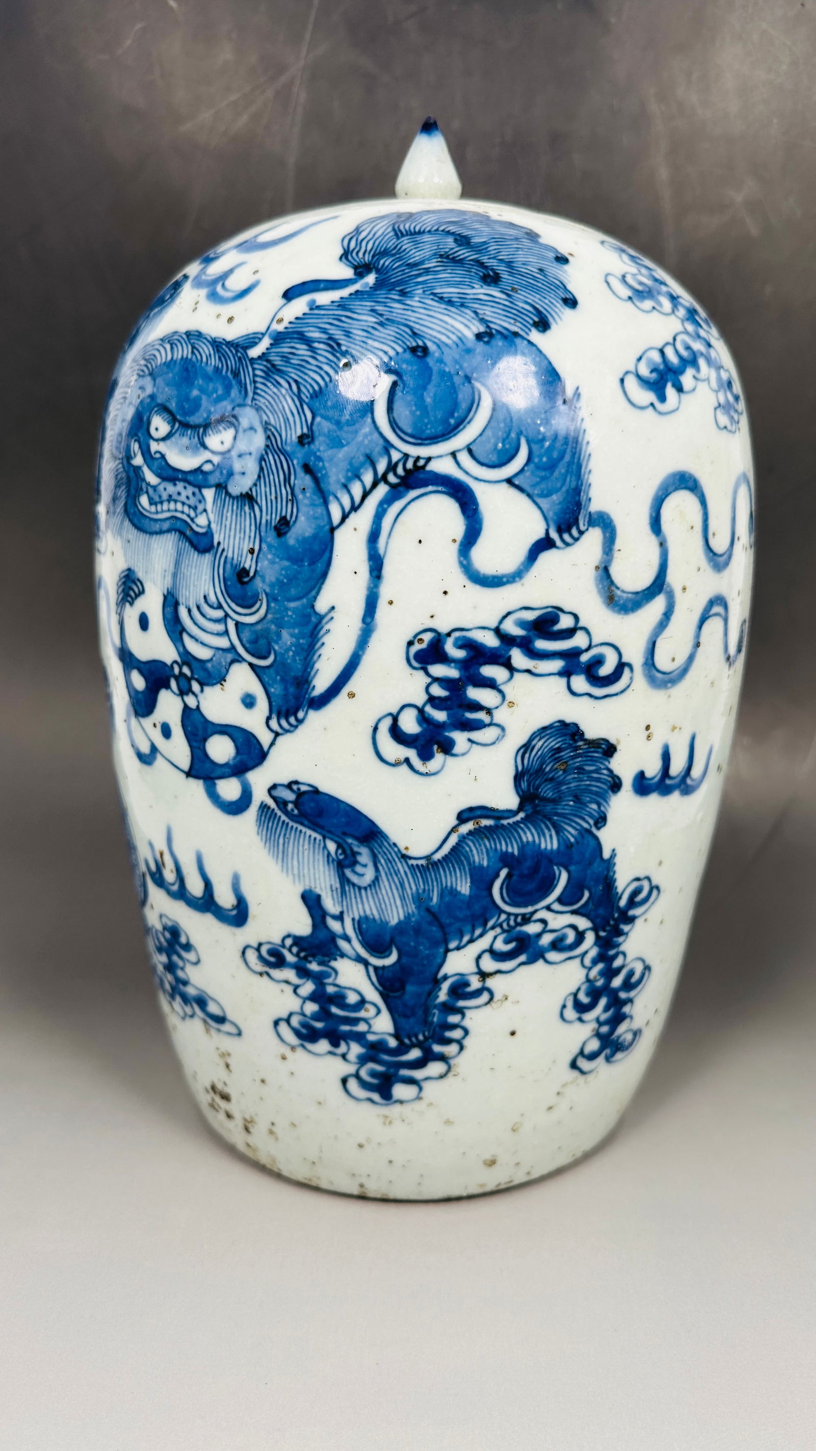 A Chinese Blue and White 'Buddhist Lion' Jar and Cover: 12.1/2 in. high, 7.1/2 in. wide.