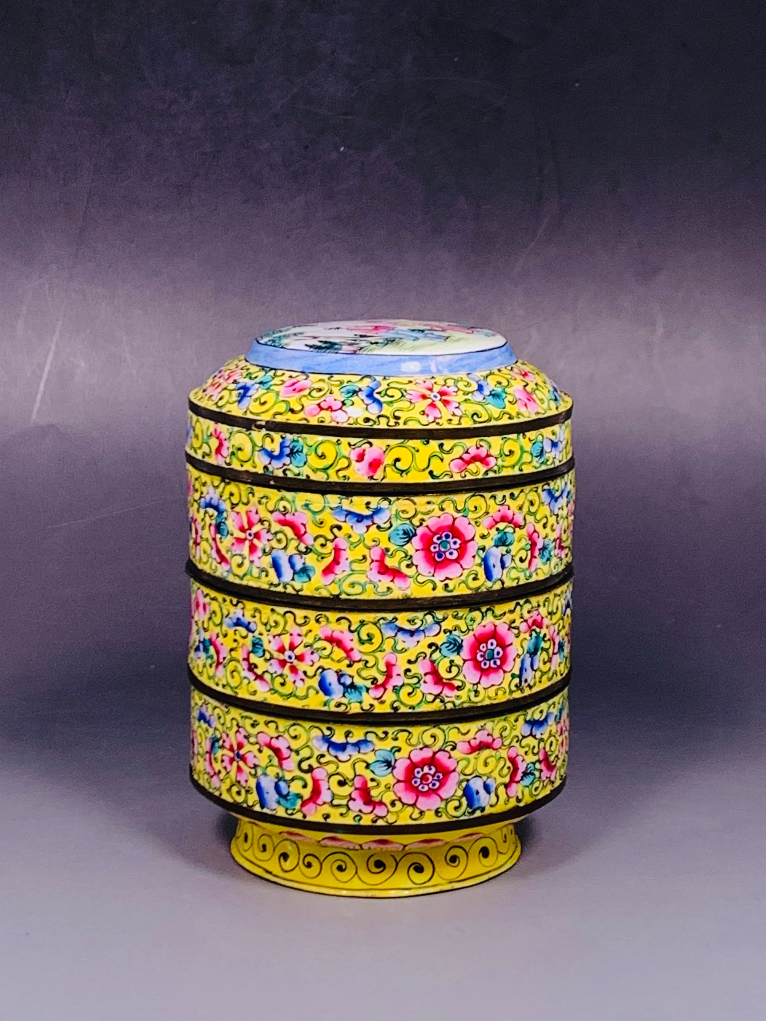 A Chinese Painted-Enamel Yellow-Ground Tiered Circular Box and Cover (1 of 8)