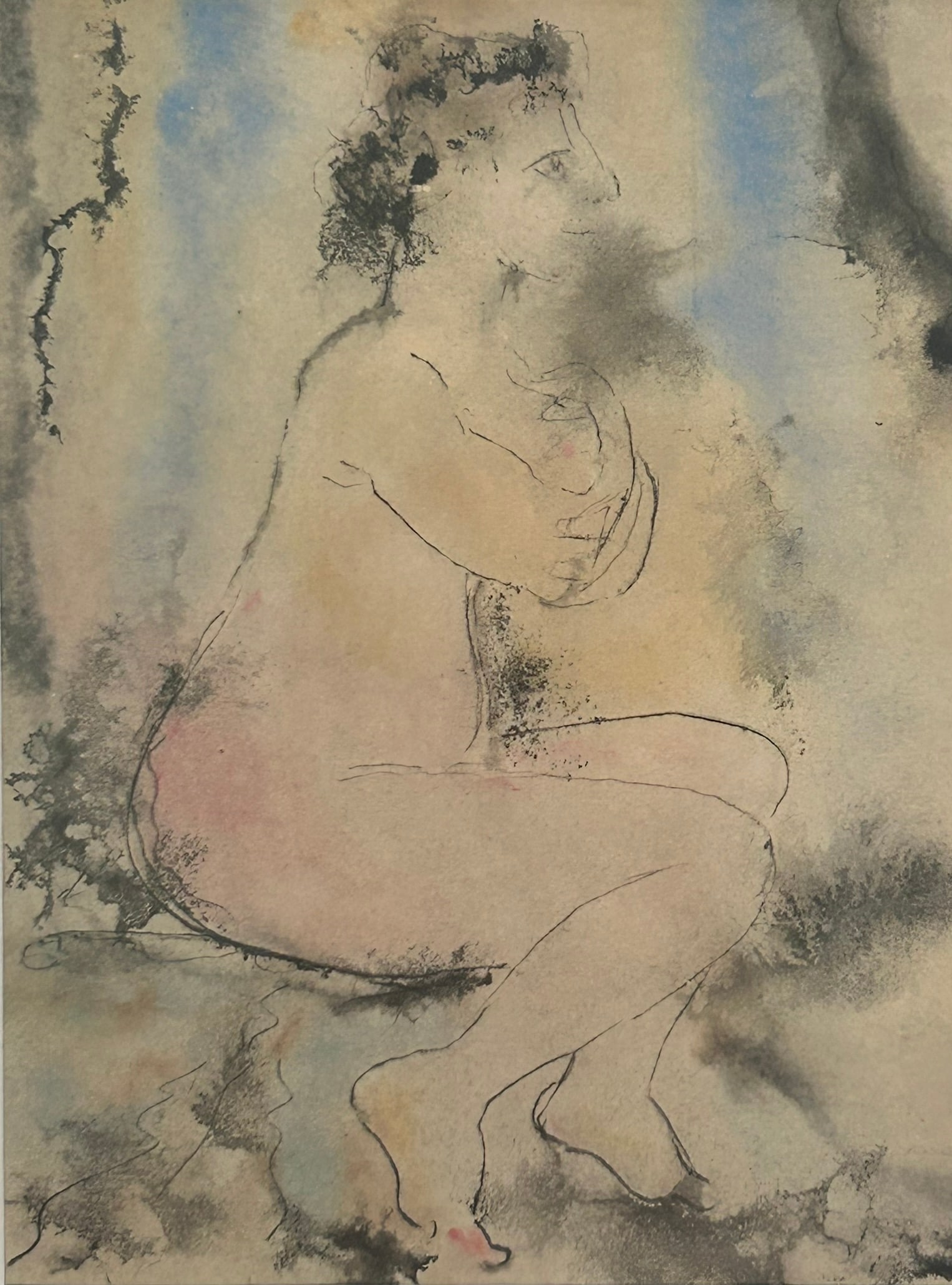 A Painting of A Nude Lady, Probably Andre Masson: Framed, mixed media ink and oil watercolor on paper, 13.1/2 in. x 11.1/2 in. including the frame.