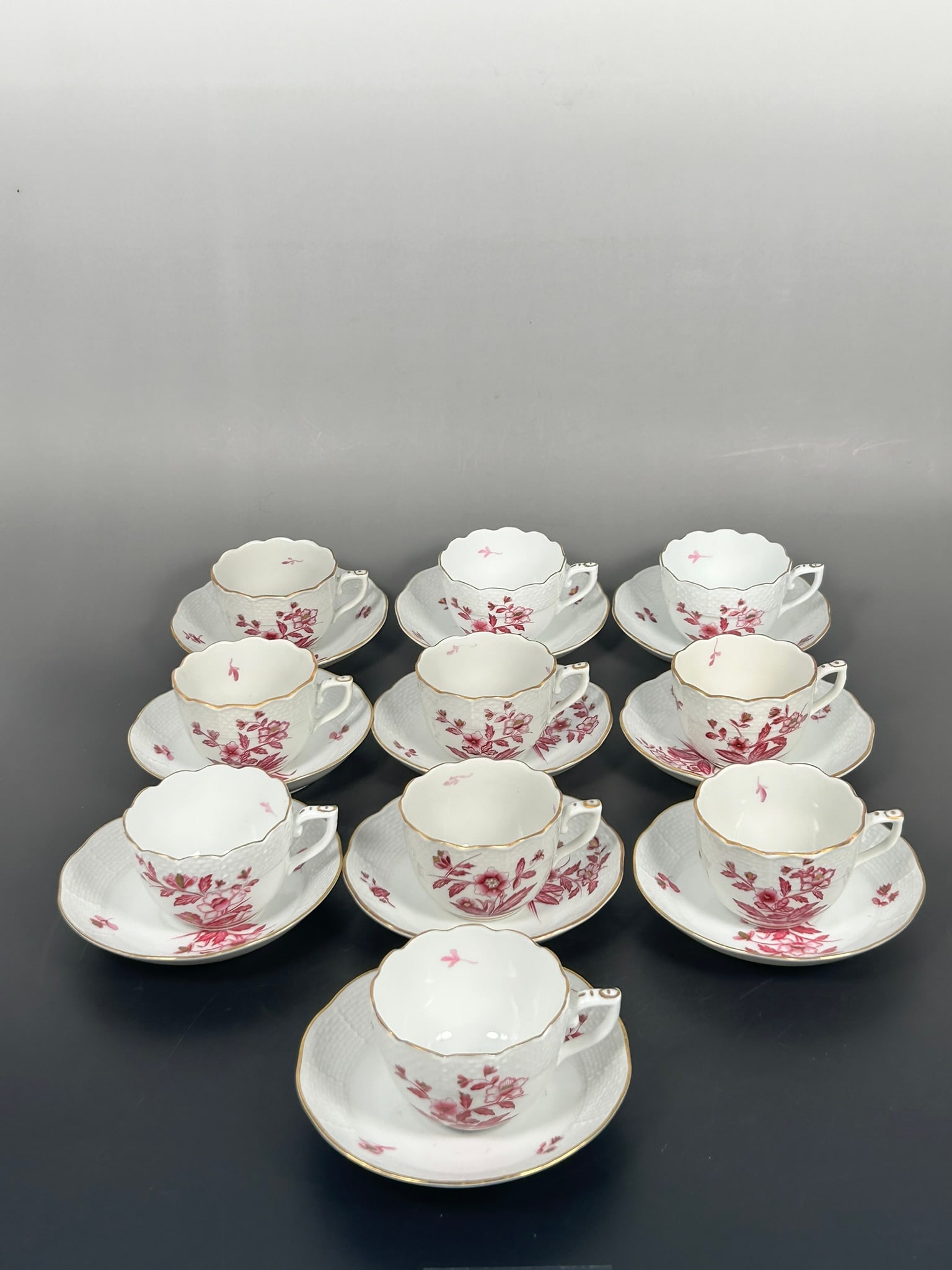 A Set of Ten Small Herend Apponyi Pink Coffee Cups and Saucers (1 of 20)