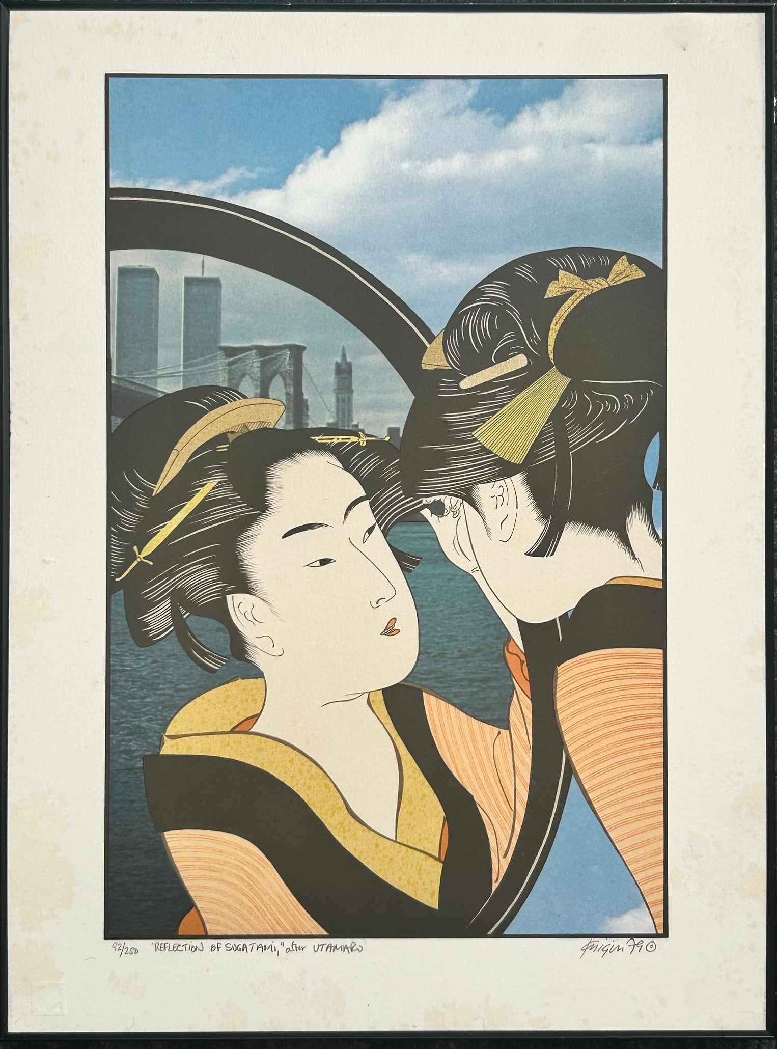 A Lithograph 'Reflection of Sugatami', after Utamaro, a Signature Michael Knigin: The Reflection of Sugatami After Utamaro is a lithograph by Michael Knigin, with a signature of the artist at the lower right, an edition number 92/250 and titled at the lower left. The composition de