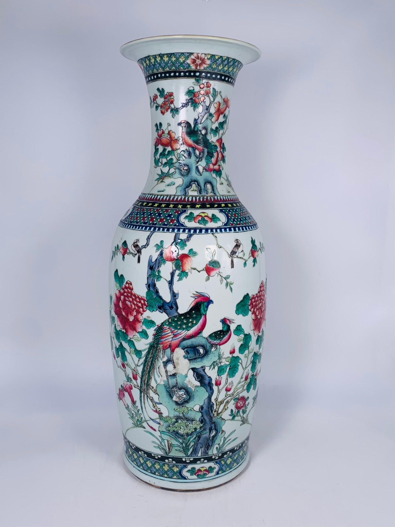 A Chinese Large Famille Rose 'Pheasant, Peony, and Antiques' Vase, Late Qing Dynasty: 24 in. high, 9 in. wide.