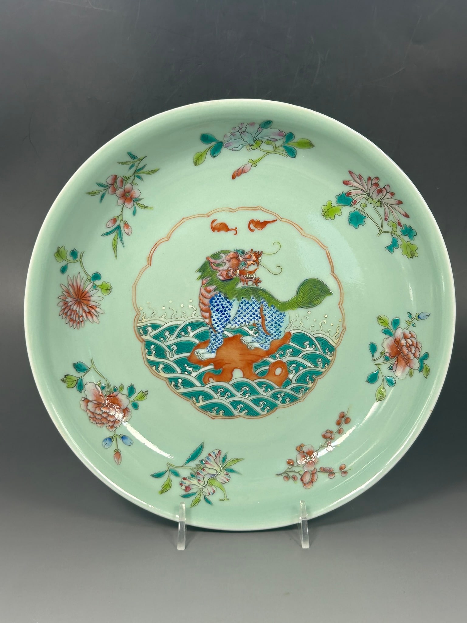 A Chinese Famille Rose Celadon-Glazed 'Qilin' Dish, Qianlong Mark (1 of 8)
