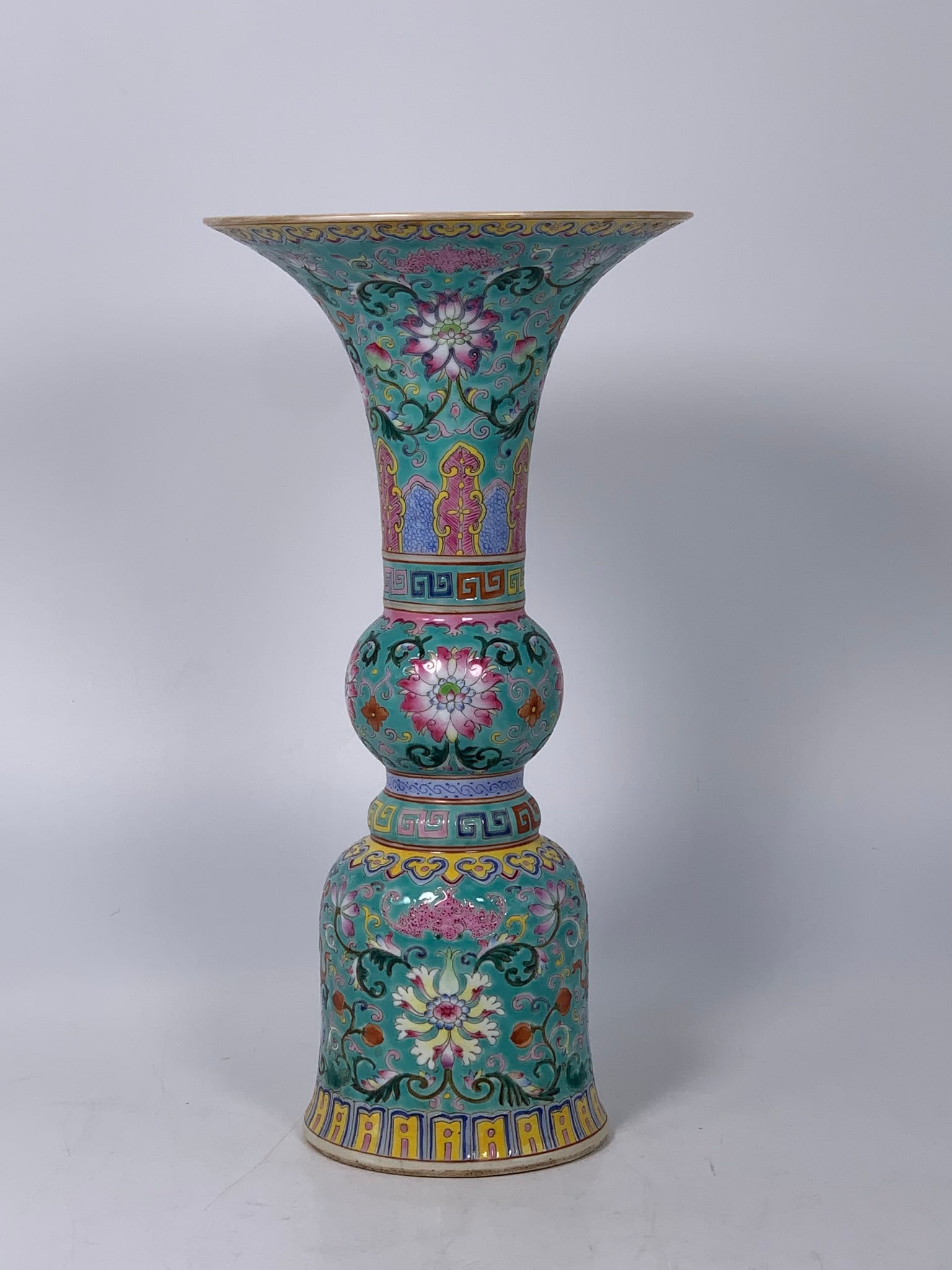 A Chinese Famille Rose Turquoise-Ground Gu-Form Vase, Qianlong Mark (1 of 14)