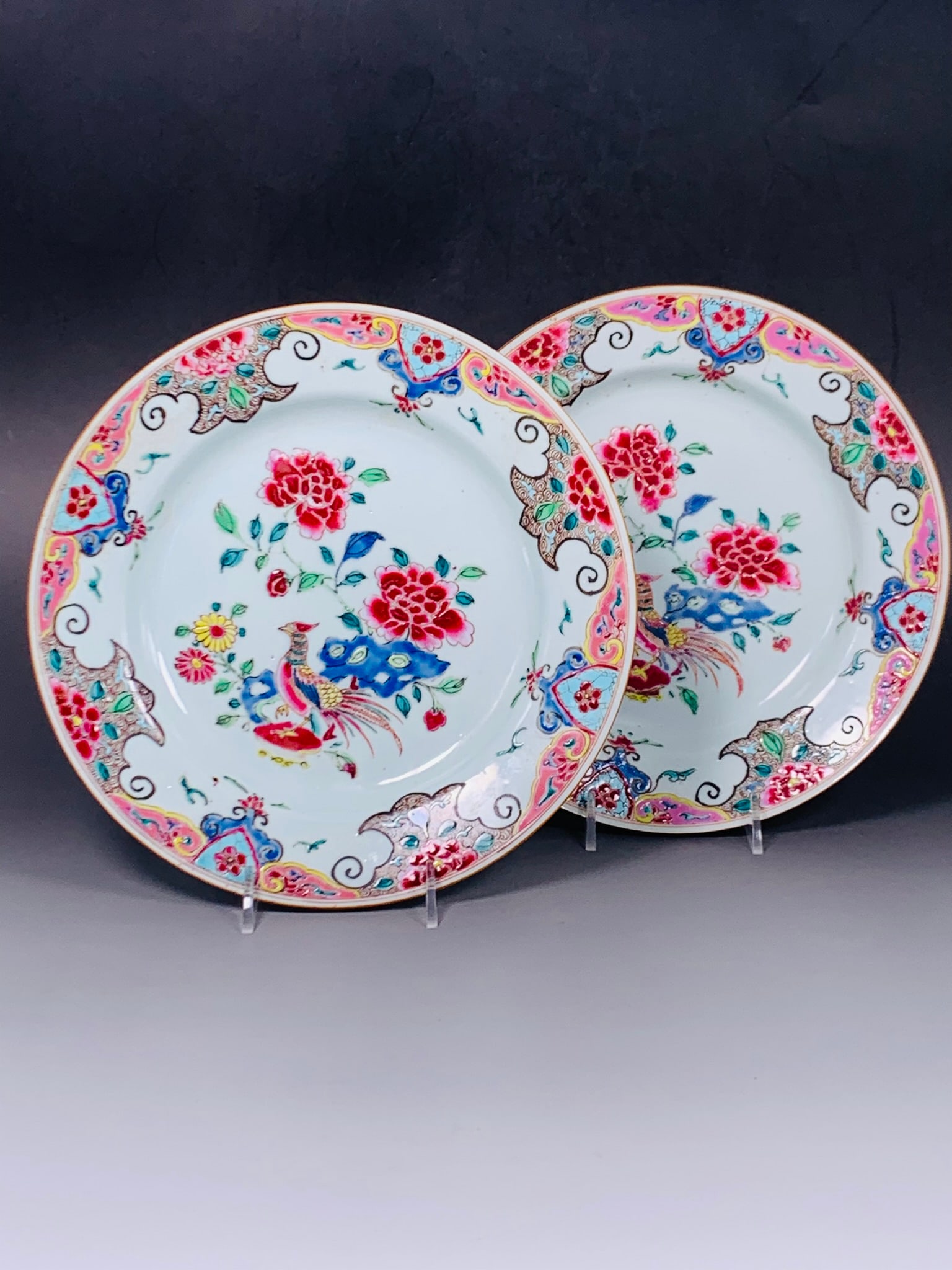 A Pair of Chinese Famille Rose 'Pheasant and Peony' Dishes, 18th Century: 8.3/4 in. diam. each.
