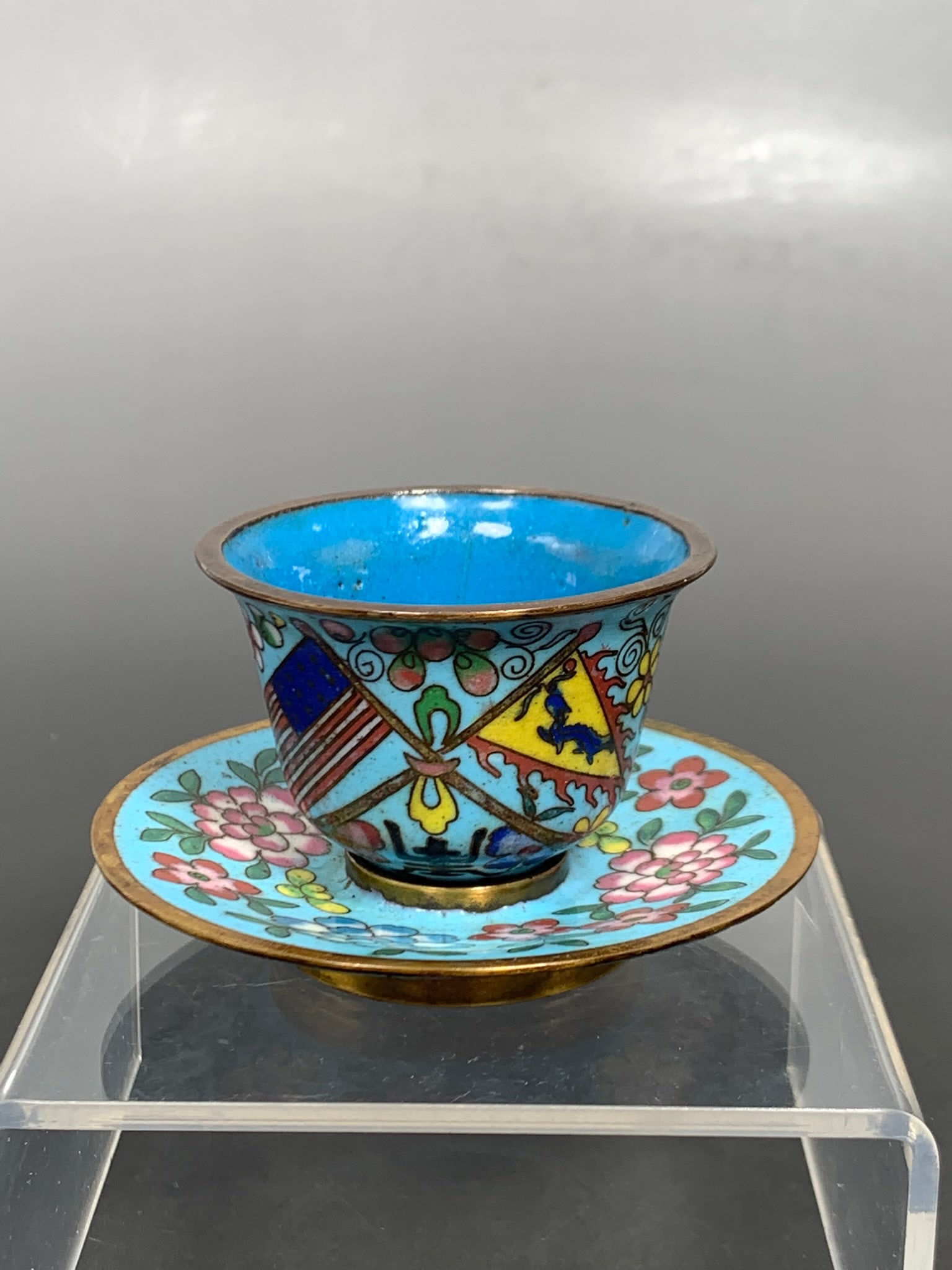 A Chinese Miniature Cloisonne Enamel Cup and Saucer Set (1 of 11)