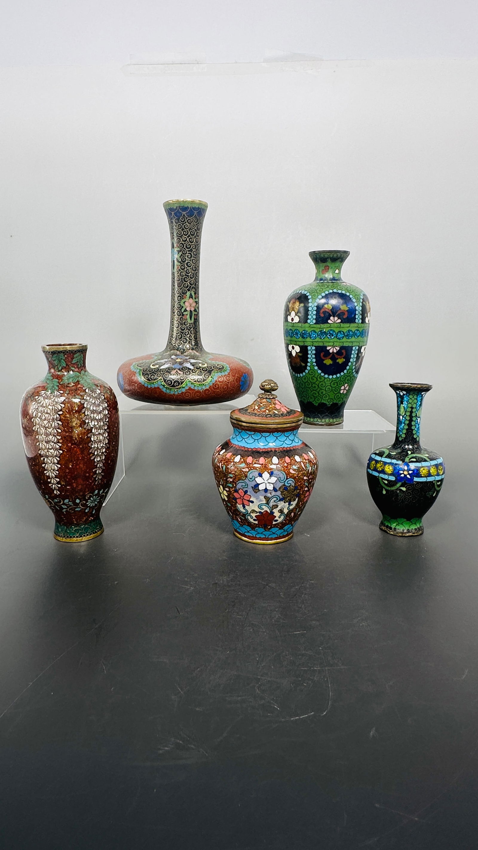 A Group of Five small Chinese Cloisonne Enamel Vases (1 of 12)