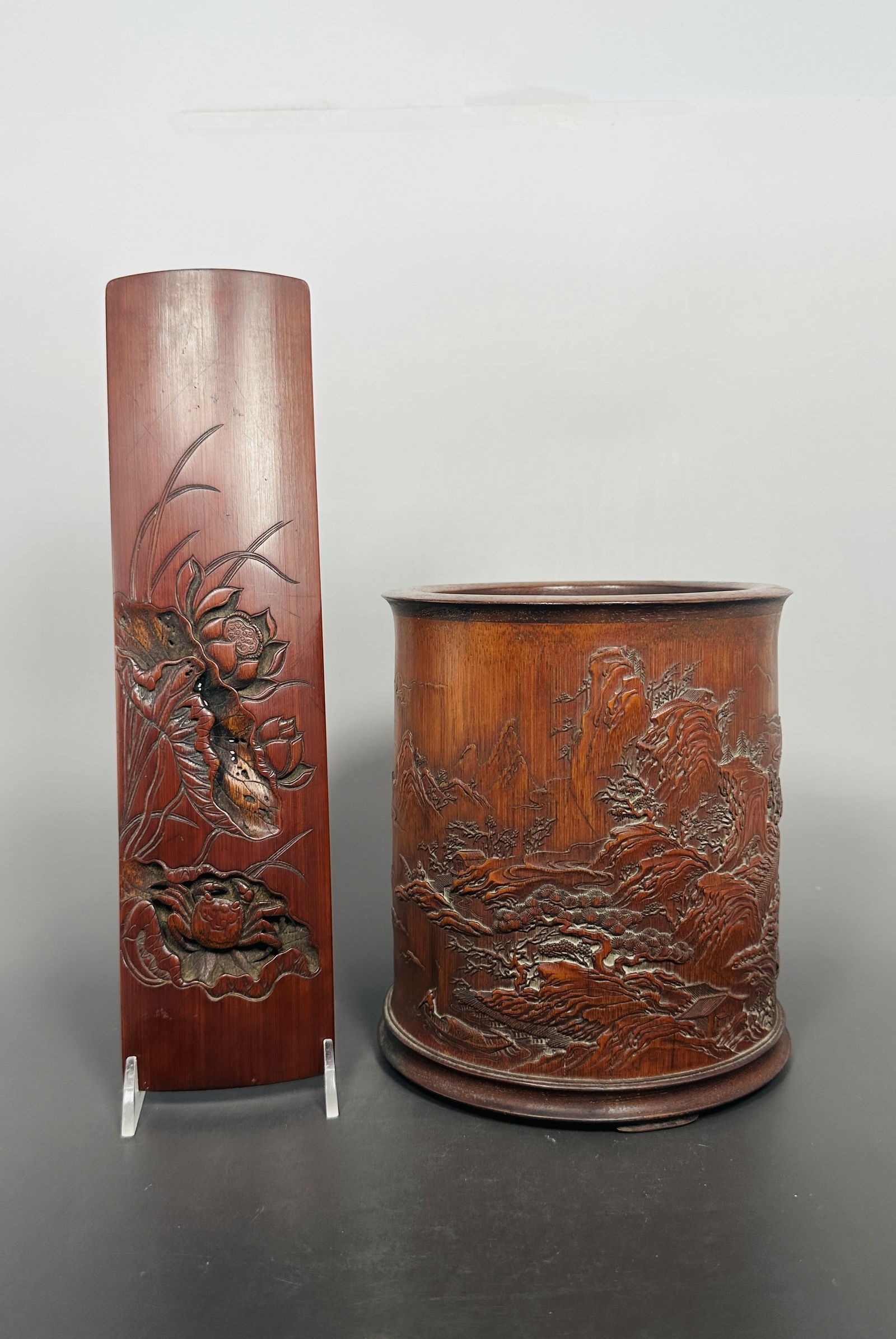 Two Chinese Carved Bamboo Objects, Brush Pot and Armrest (1 of 18)