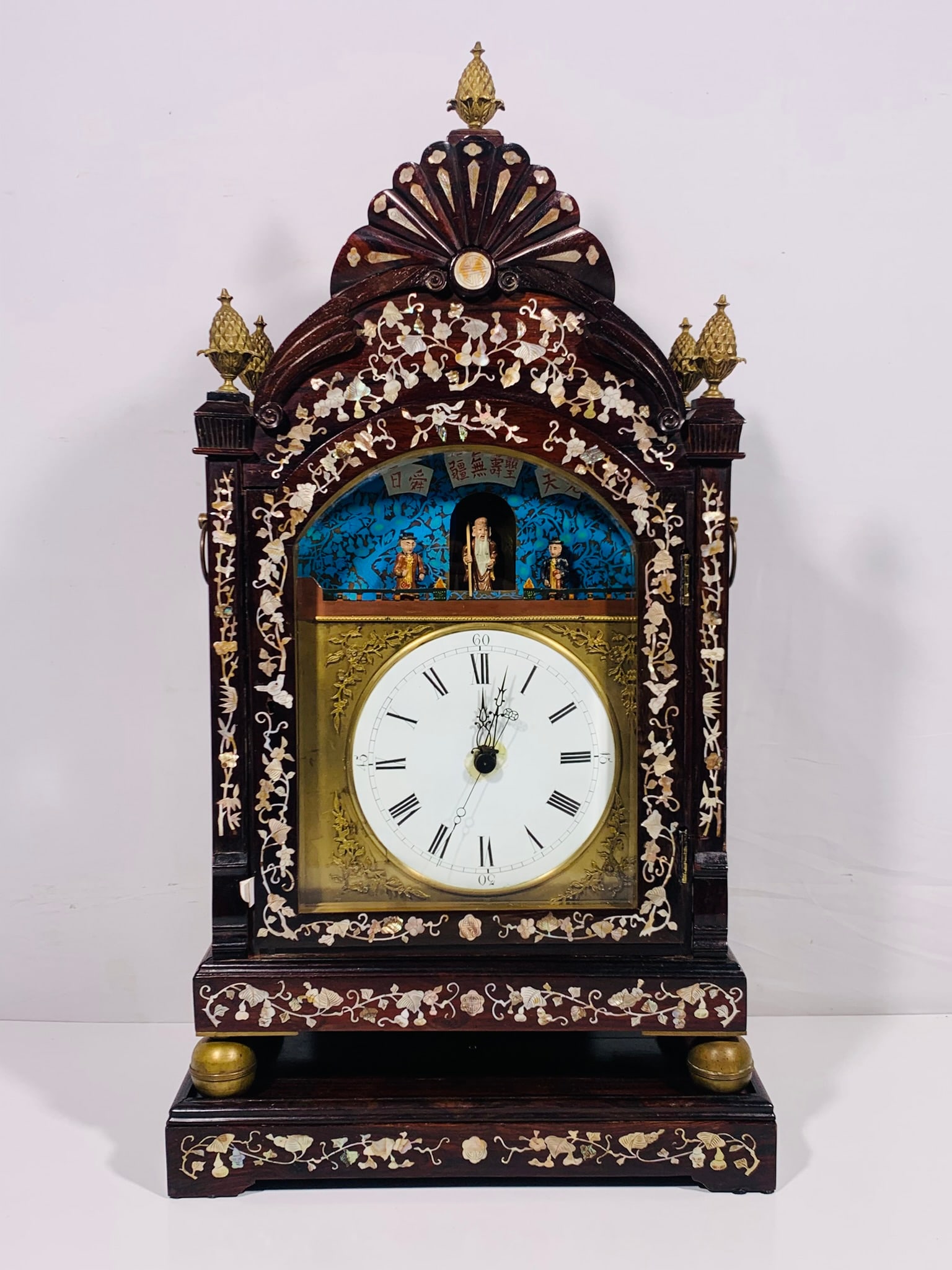 A Large Chinese Antique Mother-of-Pearl-Inlaid Rosewood Twin Fusee Automaton Verge Bracket Clock (1 of 20)