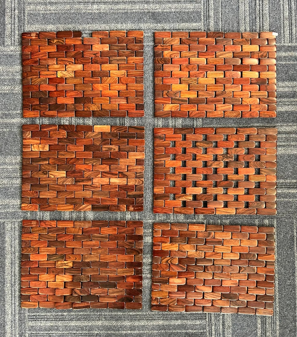 A Group of Six Costa Rican Rosewood Placemats: Each with a mark of 'Root 52 Gallery, Tiffany Moore' on the bottom right corner. 16.1/2 in. high, 12 in. wide each.