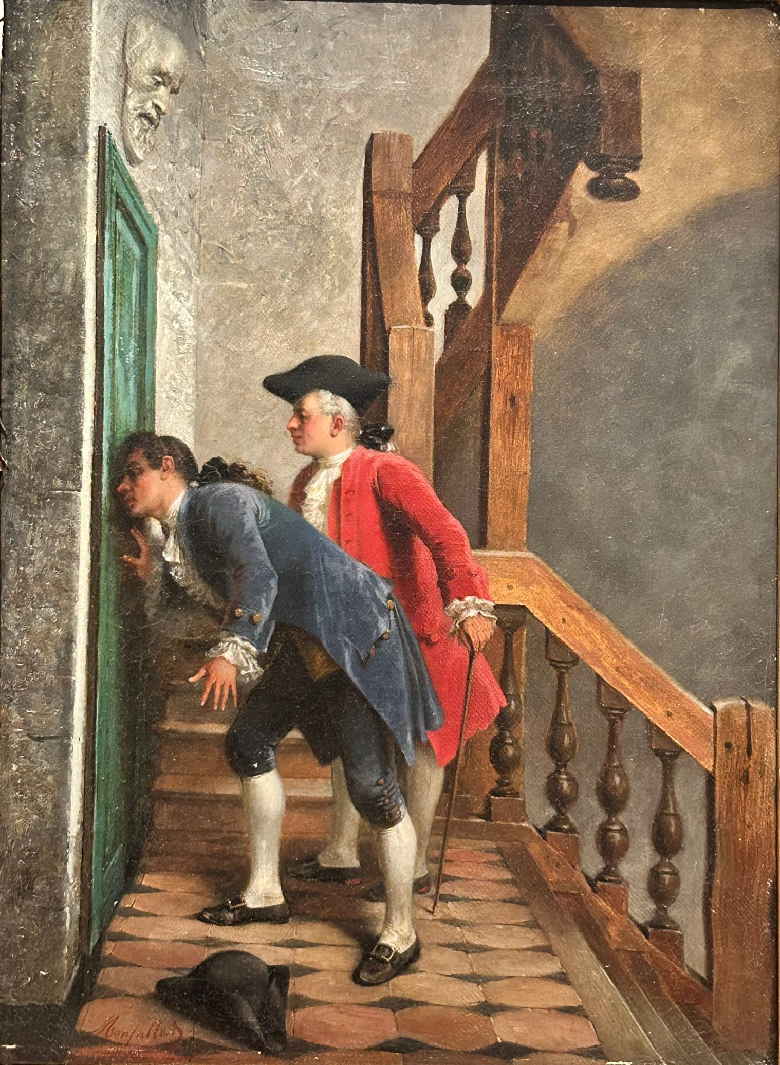 A Painting of 'Peeking', Signature Adolphe Francois Monfallet: Oil on canvas, 18 in. x 13 in. for the painting, 26.3/4 in. x 22 in. for the frame.