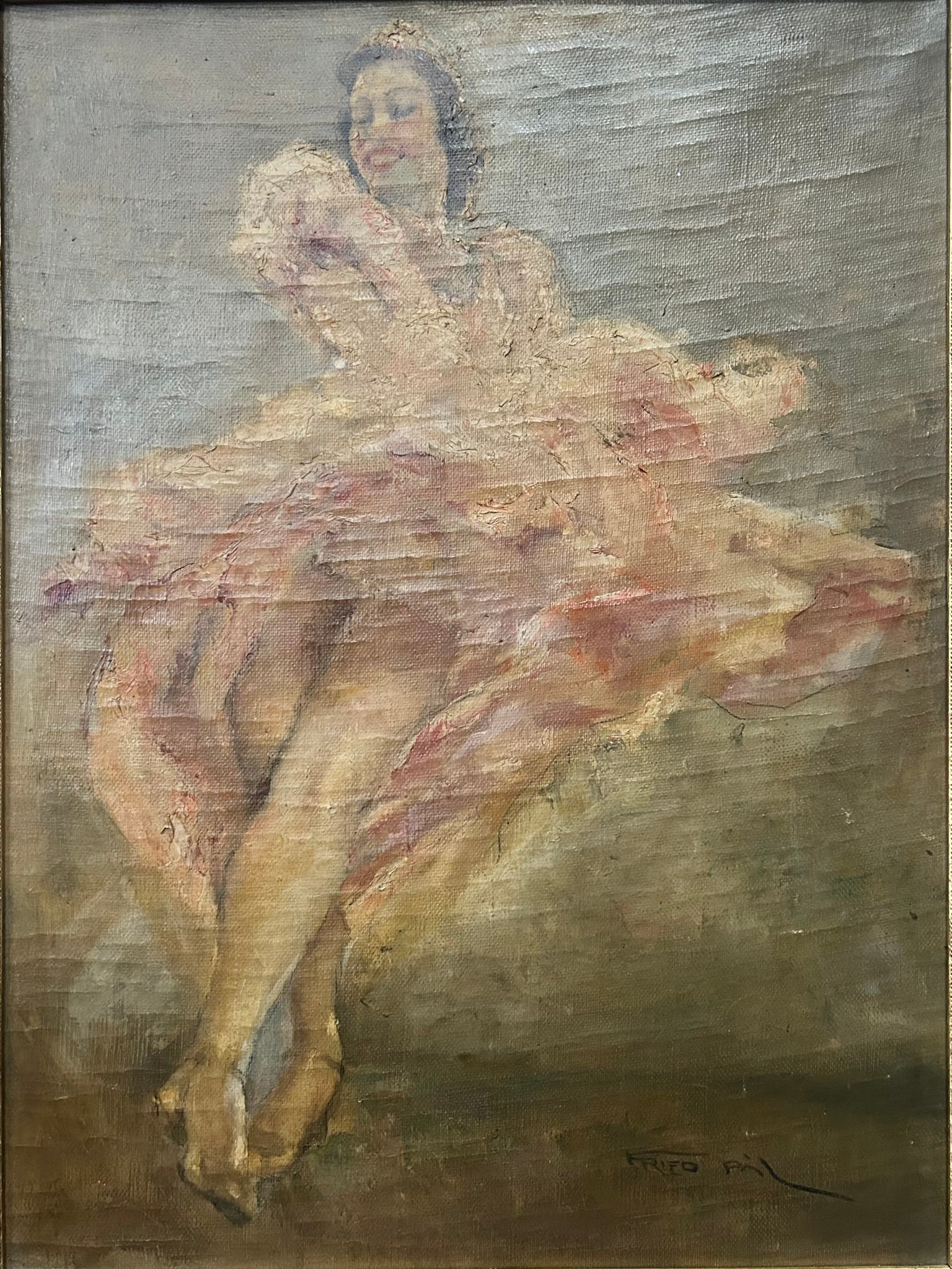 A Painting of a Female Dancer, A Signature Pal Fried: Oil on canvas, a signature Pal Fried on lower right. Pal Fried was born in Budapest in 1893 and received his formal art training at the Academie Hongroise des Arts (Hungarian Academy of Arts), where h