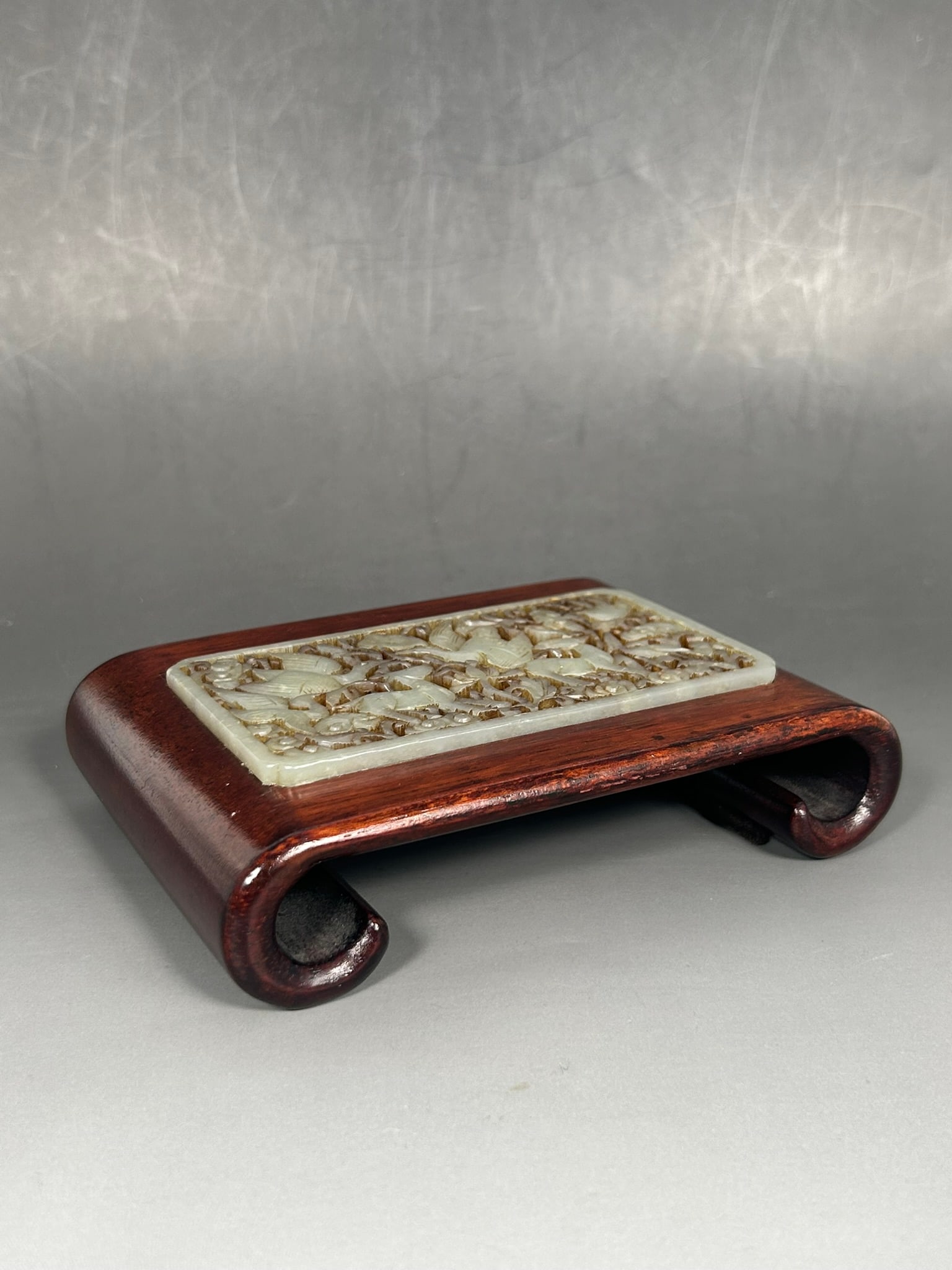 A Chinese Ming-Style Jade Reticulated Plaque-Inset Wood Brush Rest (1 of 8)