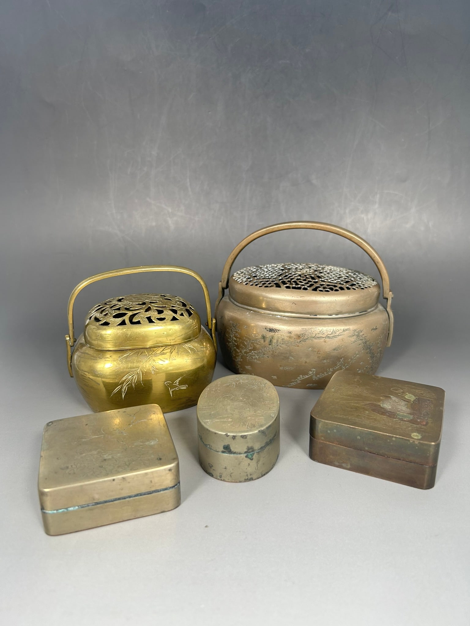A Group of Five Chinese Brass Hand Warmers and Ink Boxes (1 of 20)