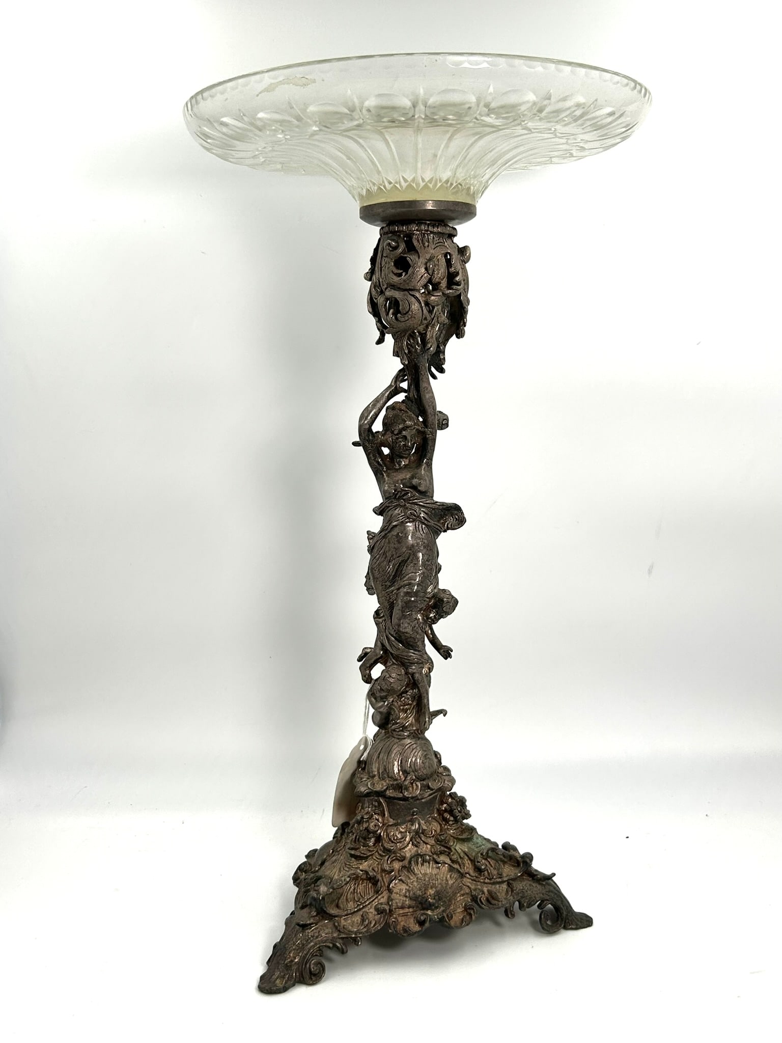 An Antique Center Tazza with Bronze Base and Crystal Dish Top: 22 in. high, 12 in. wide.