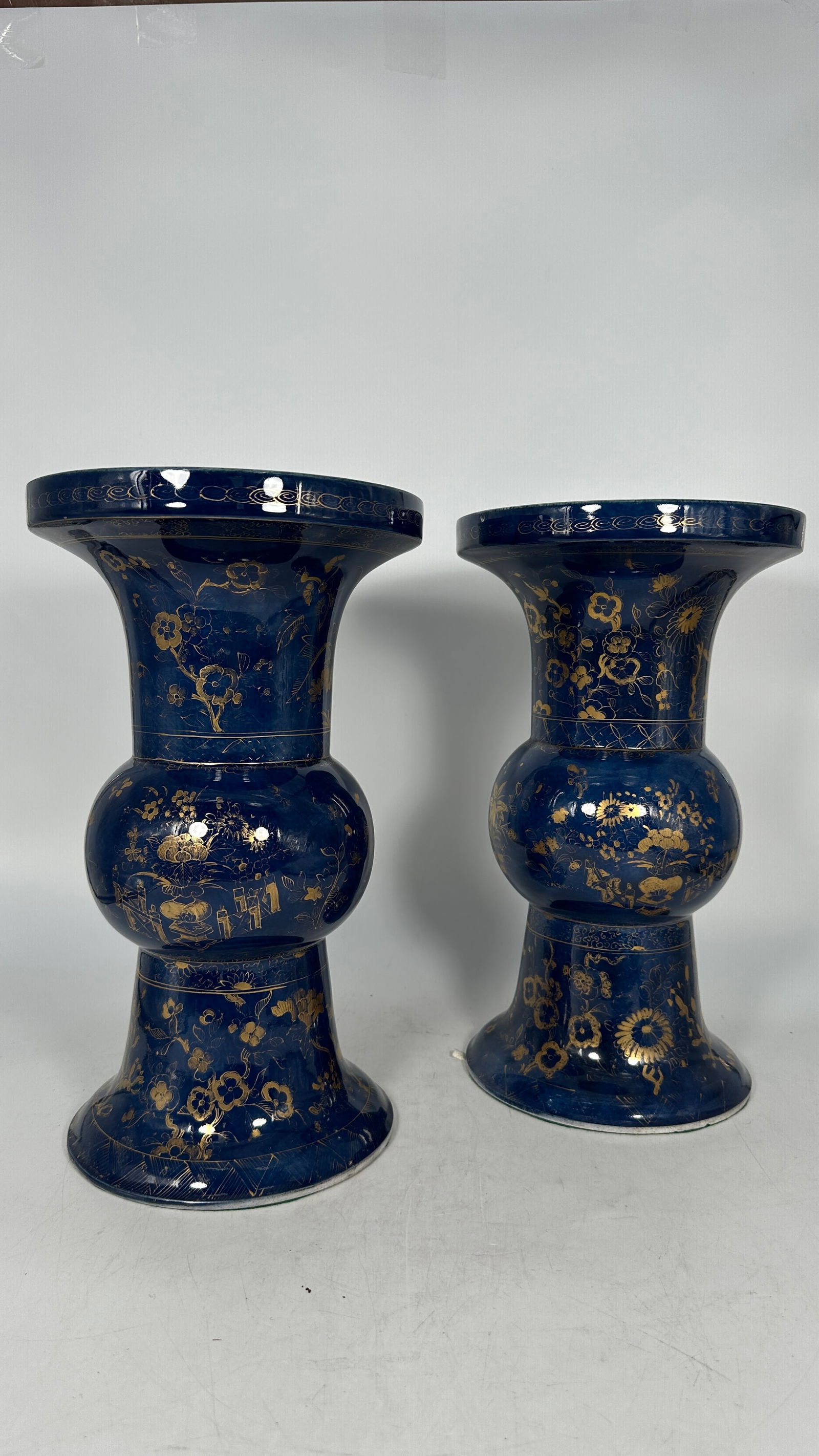 A Pair of Chinese Gilt-Decorated Powder Blue Porcelain Gu-Form Vases, 19th century (1 of 10)