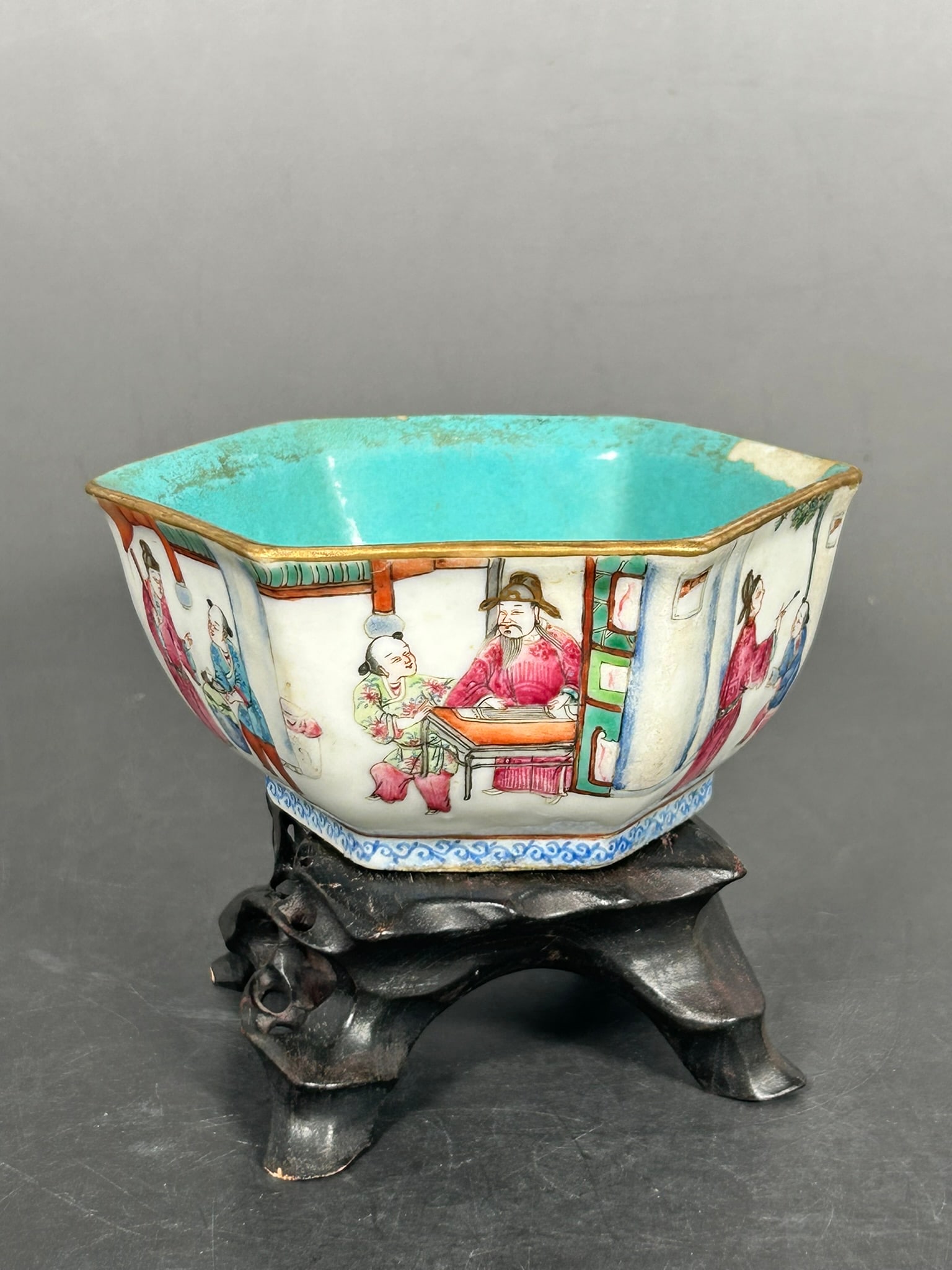 A Chinese Famille Rose Gilt-Decorated 'Figural' Hexagonal Bowl, Xianfeng Mark and of the Period, (1 of 14)