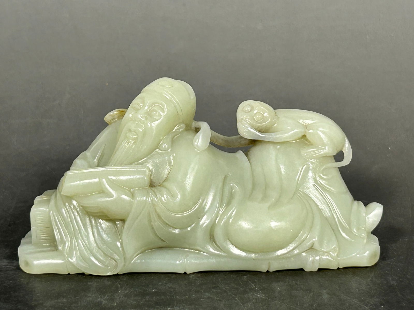 A Chinese Carved Celadon Jade Figural Group of Immortal and Monkey (1 of 7)