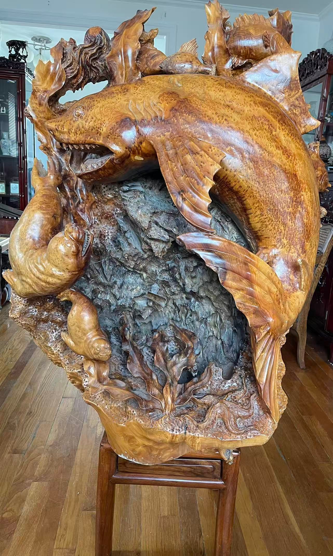 A Chinese Carved Taxus Chinensis Group of Sea Creatures: 55 in. high.