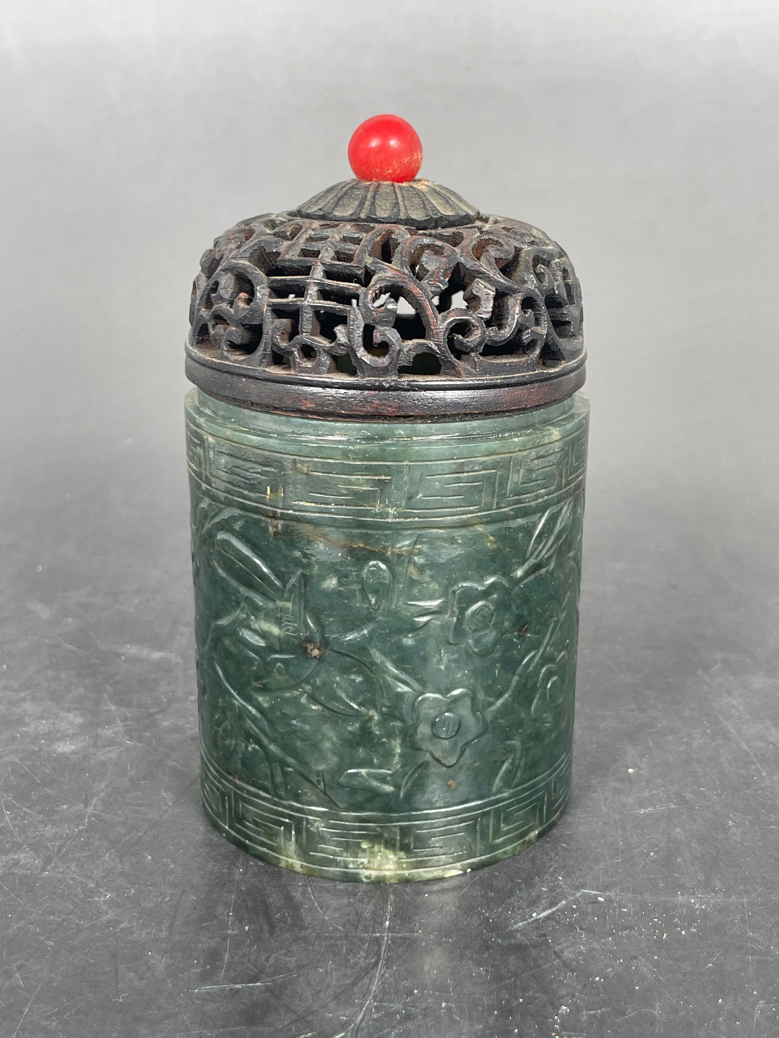 A Chinese Spinach Jade Cylindrical Censer and a Wood Cover (1 of 10)