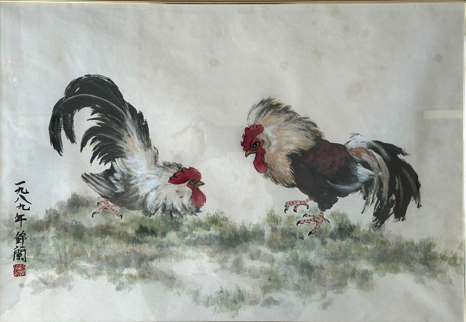 A Chinese Painting of Cockfighting, Signature Jin Lan (1 of 7)