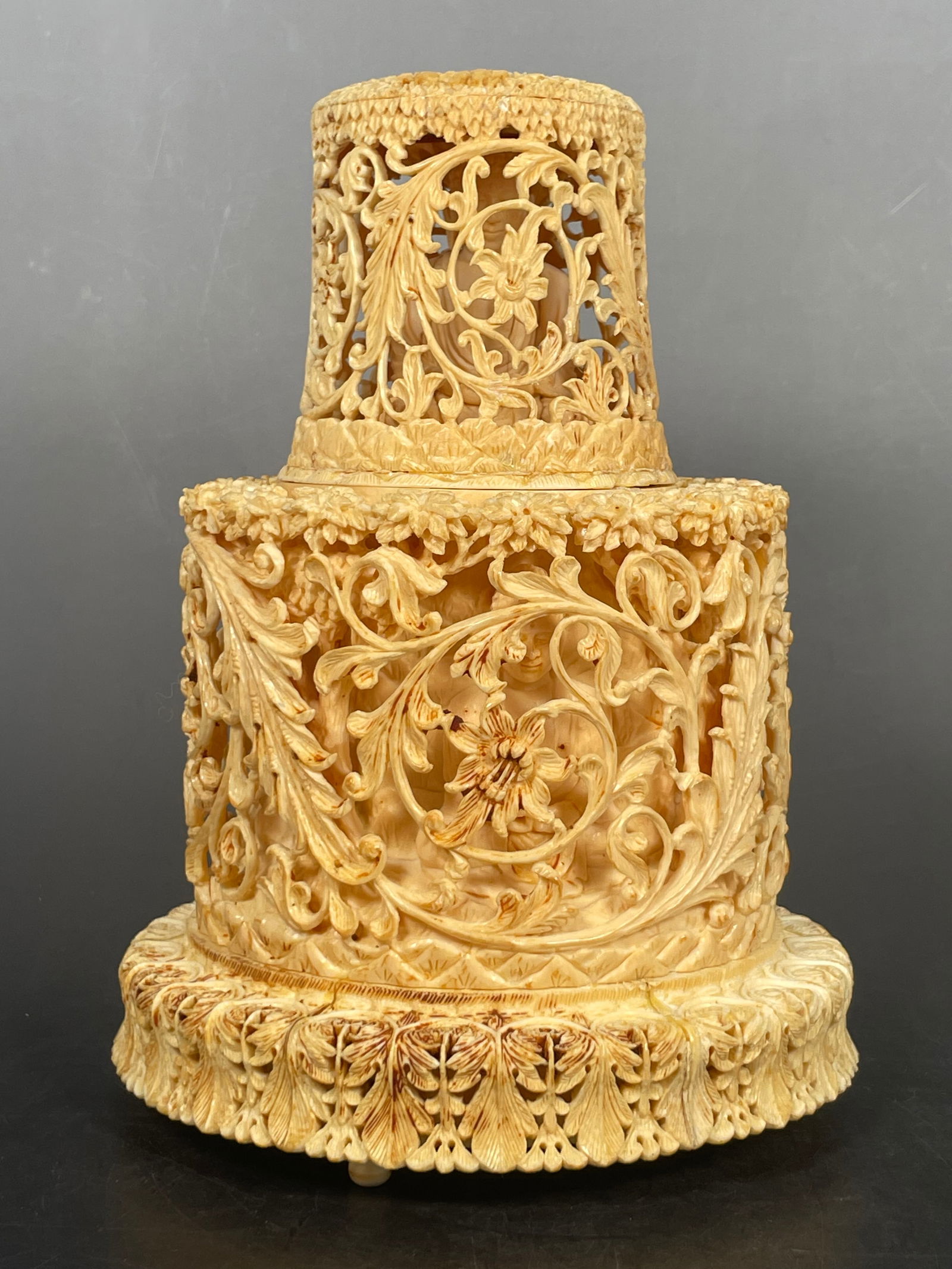 A Chinese Carved Reticulated Bone 'Buddha' Decorative Tableware: 9.1/2 in. high, 6.3/4 in. wide.