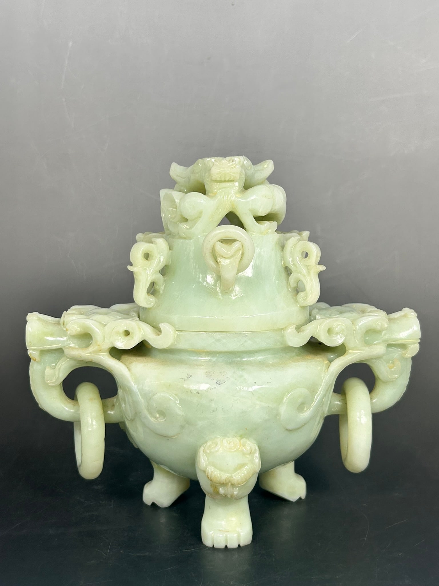 A Chinese Carved and Reticulated Jade Tripod Censer and Cover (1 of 12)