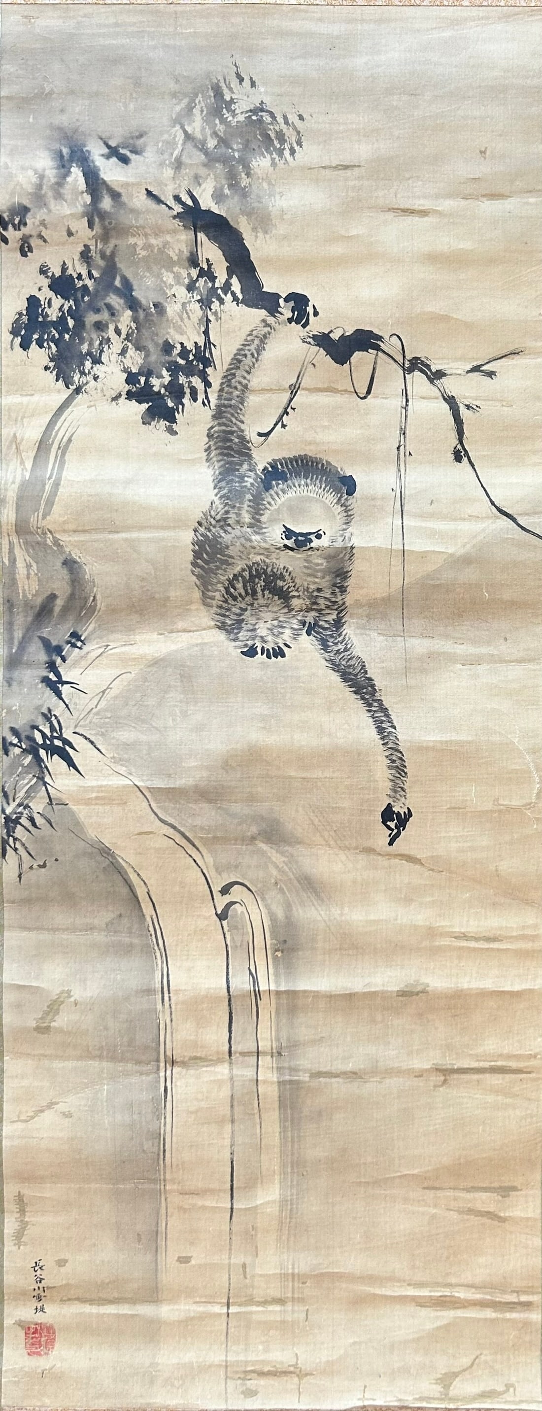 A Japanese Painting of Gibbon, Signature Settei Hasegawa: Ink on silk, 35 in. x 13.3/4 in. for the painting, 62.1/2 in. x 17.1/2 in. overall.