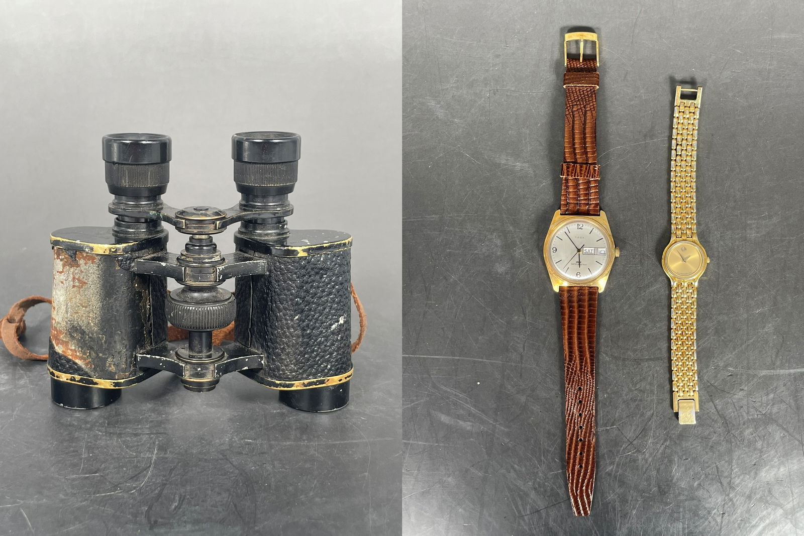 A Vintage Megaphos Paris Stereo Prism Binoculars and Two Wristwatches, Timex and Movado (1 of 14)