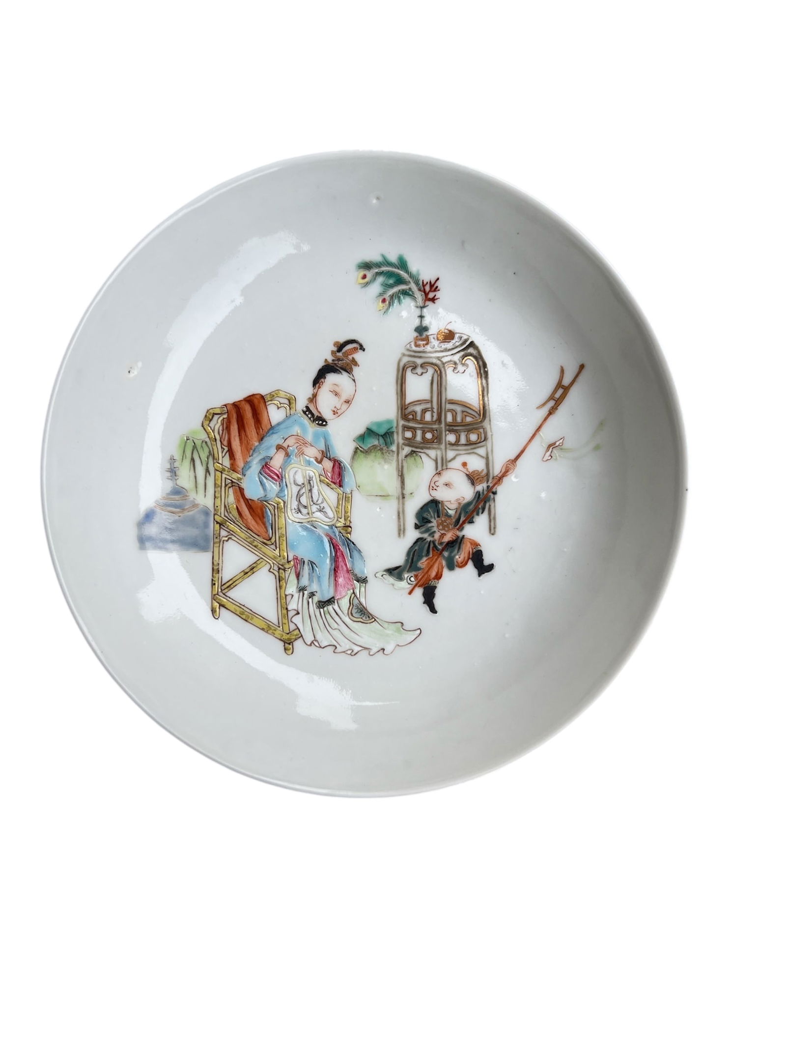 A Chinese Famille Rose “Children at Play” Dish, Qing Dynasty: Chinese Qing Dynasty famille rose dish depicting children at play.Diameter: 5 1/2 inches..Condition: good.
