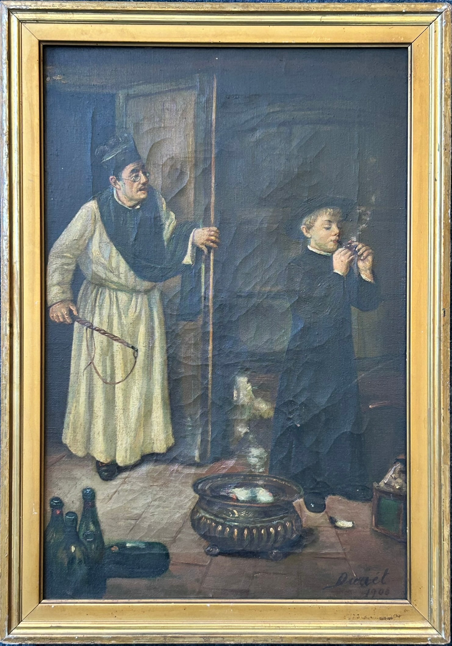 A Painting of Priest and Smoking Novice, after Joseph Malachy Kavanagh: Oil on canvas, this painting depicts a novice on the verge of getting caught smoking a pipe. Signed and dated by the artist to the bottom right, after the work originally created by Joseph Malachy Kav
