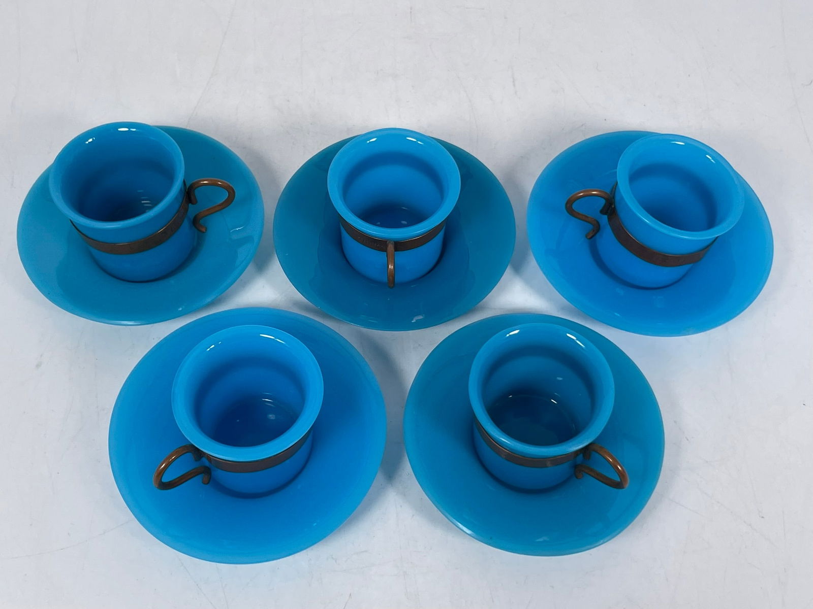 A Group of Five Sets of Turquoise-Color Glass Cups and Saucers (1 of 12)
