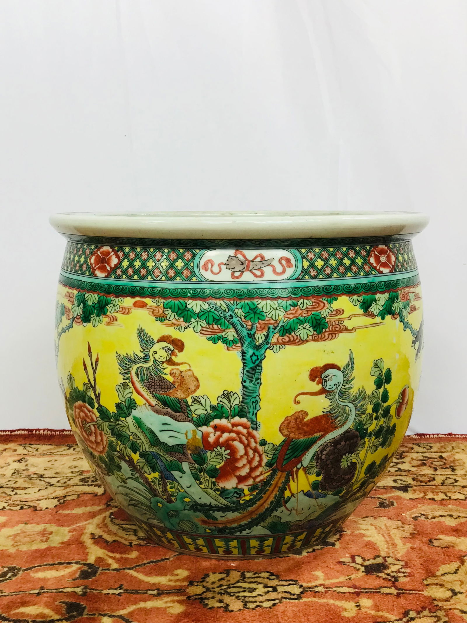 A Chinese Famille Verte Yellow-Ground 'Pheasant and Peony' Porcelain Jardiniere, 19th Century (1 of 13)