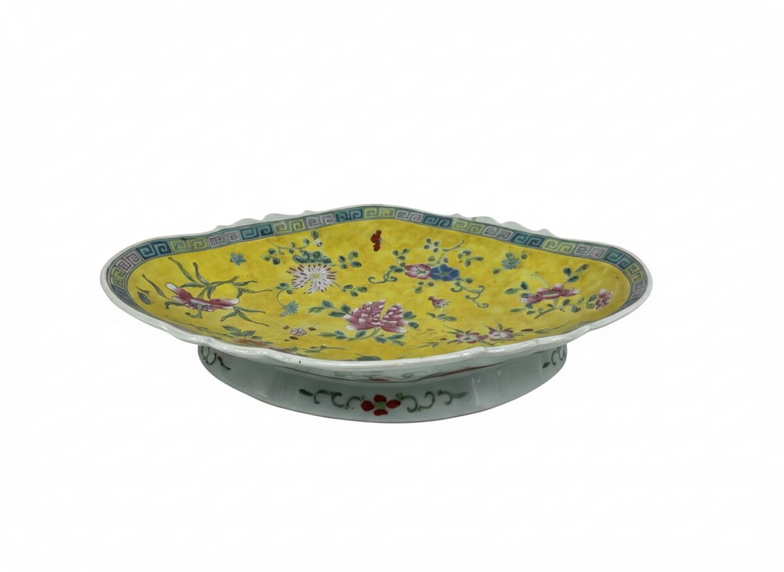 A Chinese Famille Rose Yellow-Ground Porcelain 'Flowers' Serving Dish: 2.3/4 in. high, 15 in. wide.