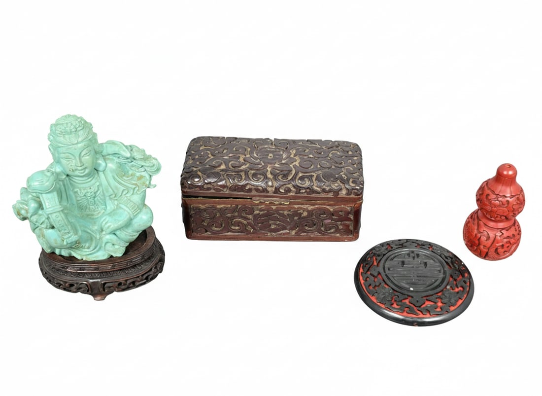 A Group of Four Chinese Small Wood/Turquoise Objects: Comprising a turquoise figure of guanyin, the wood stand has Christie's stickers, the figure measures 2.5/8 in. high, 2.1/2 in. wide; a small lacquer box, 1.1/2 in. high, 3.1/12 in. wide; a lacquer